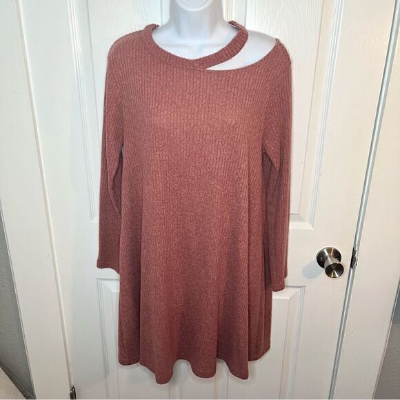 Cotton Emporium Ripped Neck Sweater Dress Cutout Swing Knit Mocha Pink M - Picture 4 of 10